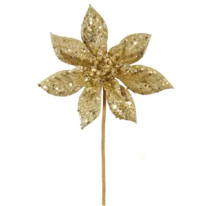 11" Gold Glitter Poinsettia Flower Artificial Christmas Spray Pick