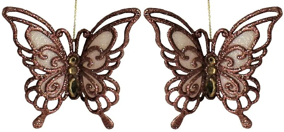 2-Pack of Rose Gold Glitter Butterfly Ornaments