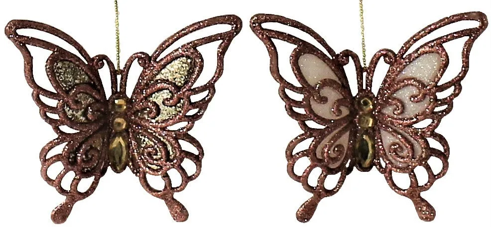 2-Pack of Rose Gold Glitter Butterfly Ornaments