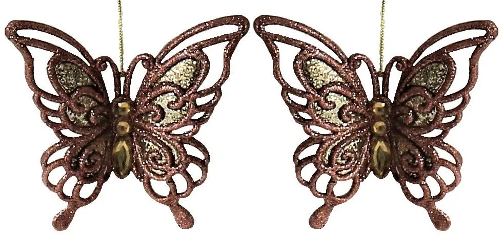 2-Pack of Rose Gold Glitter Butterfly Ornaments