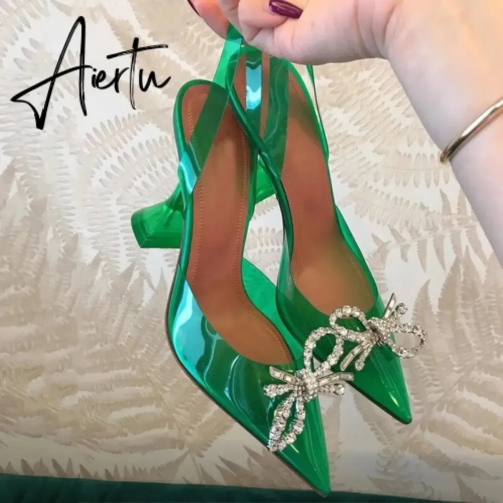 Aiertu Fashion brand Rhinestones Bowknot Women Pumps Sexy clear PVC Slingback High heels Jelly Shoes Summer Ladies Wedding Bridal Shoes