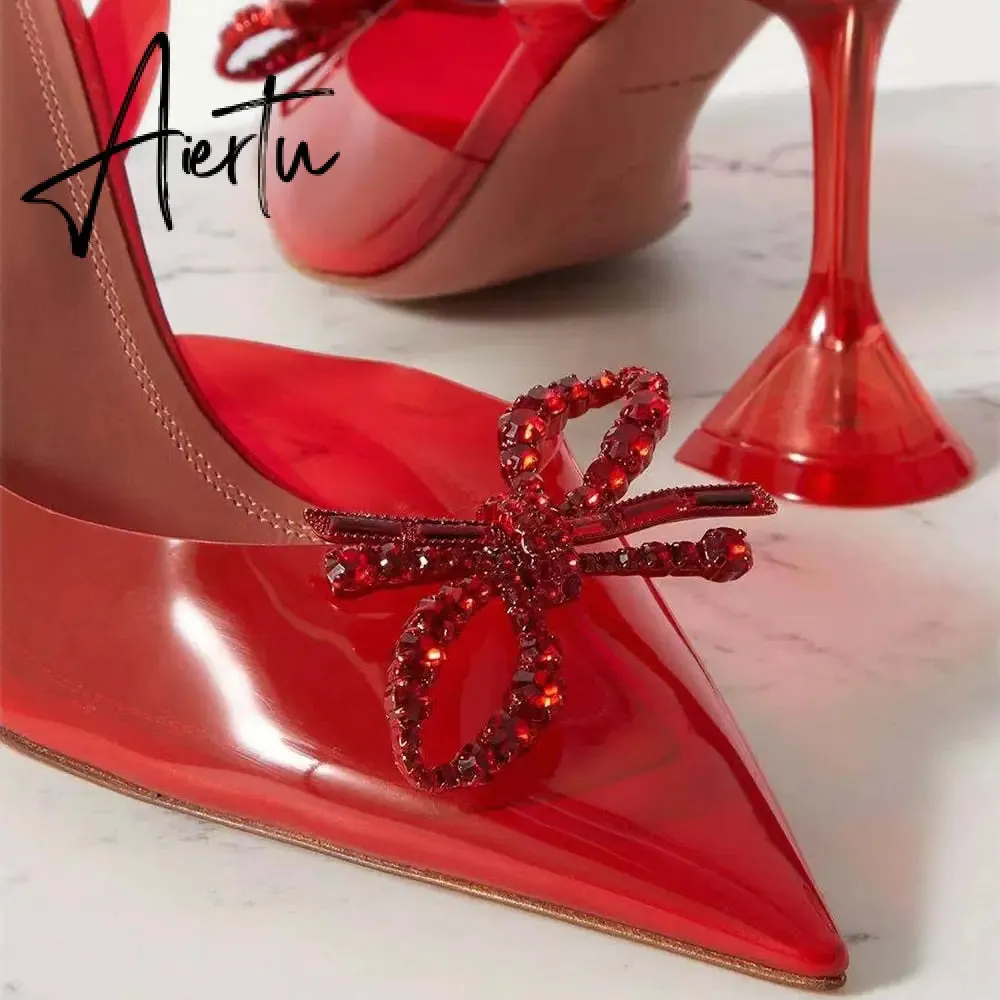 Aiertu Fashion brand Rhinestones Bowknot Women Pumps Sexy clear PVC Slingback High heels Jelly Shoes Summer Ladies Wedding Bridal Shoes