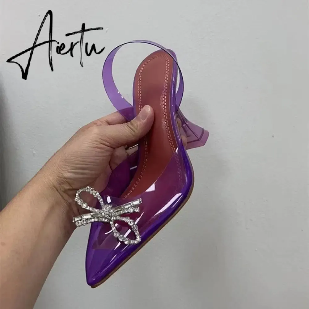 Aiertu Fashion brand Rhinestones Bowknot Women Pumps Sexy clear PVC Slingback High heels Jelly Shoes Summer Ladies Wedding Bridal Shoes