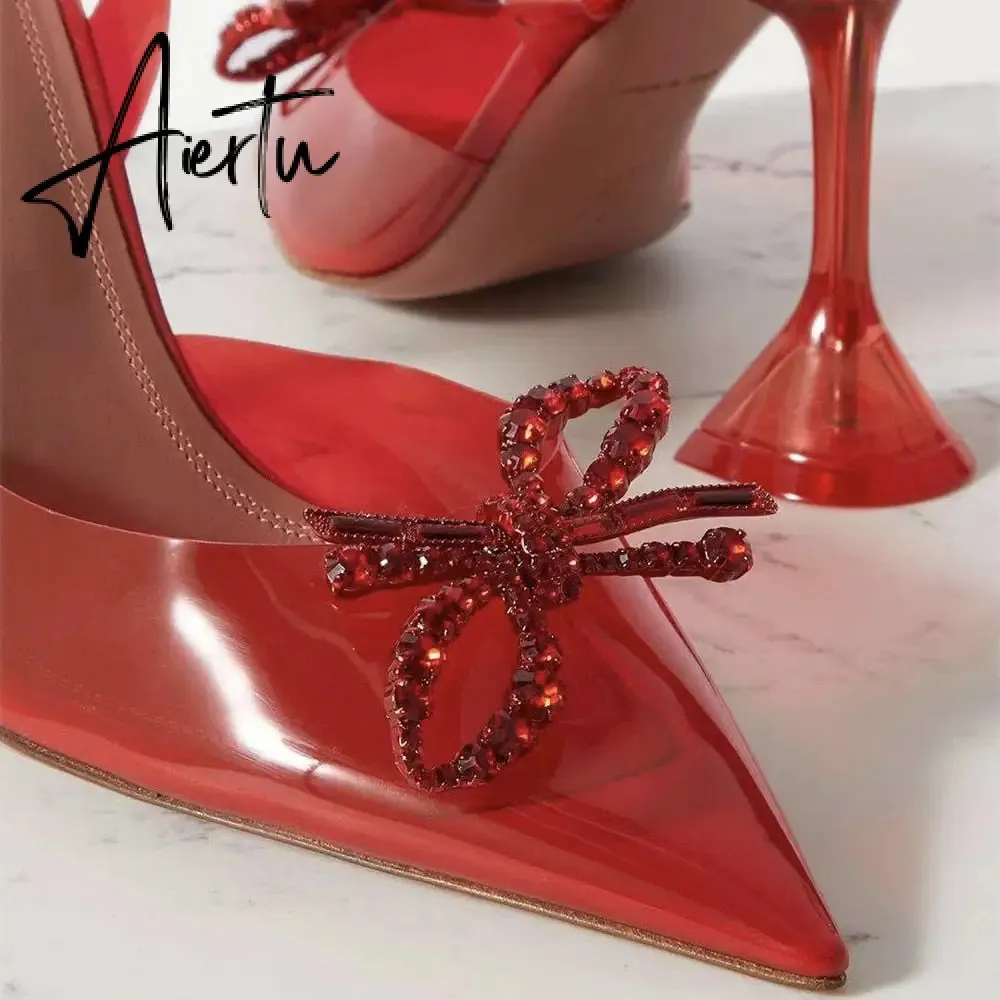 Aiertu Fashion brand Rhinestones Bowknot Women Pumps Sexy clear PVC Slingback High heels Jelly Shoes Summer Ladies Wedding Bridal Shoes