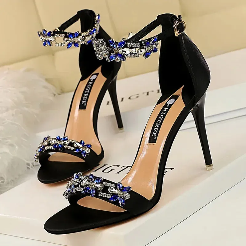 Aiertu Women Fetish 9cm High Heels Crystal Designer Sandals Lady Silk Wedding Bridal Heels Glitter Rhinestone Flower Satin Strap Shoes