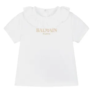 Balmain Baby Ruffled Collar White T-Shirt