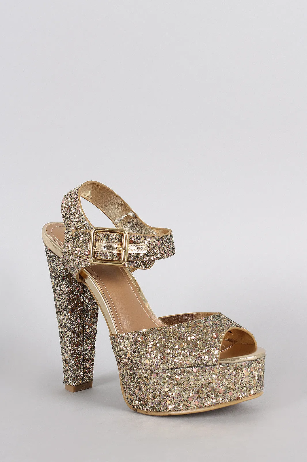 Bamboo Glitter Peep Toe Ankle Strap Platform Heel