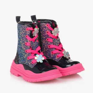 BILLIEBLUSH NAVY GLITTER BOOTS WITH FLOWER ON LACE