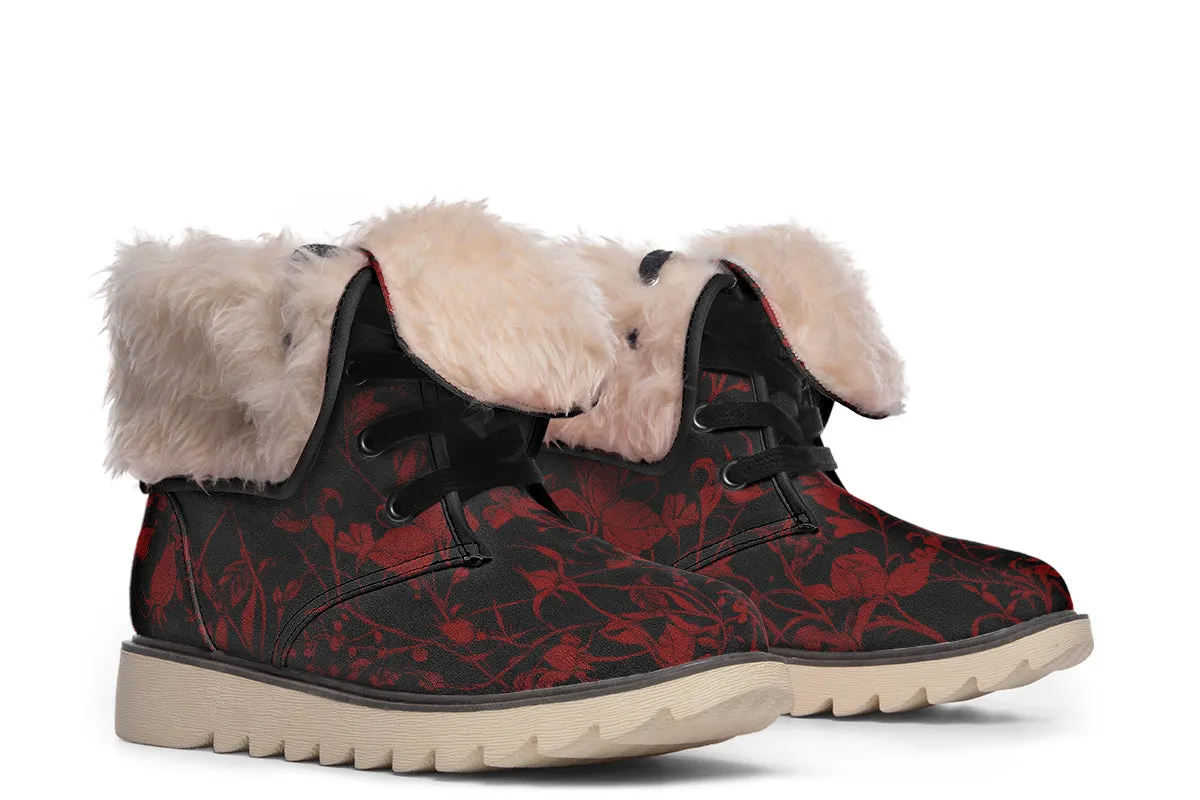 Blood Rose Romance Fold Over Winter Boots - Microsuede Vegan Boots with Fur Lining and Convertible Style