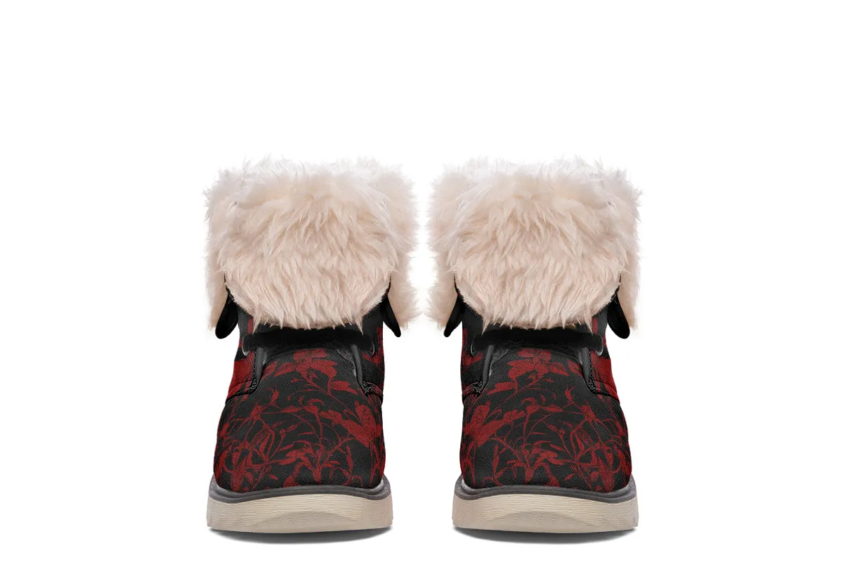 Blood Rose Romance Fold Over Winter Boots - Microsuede Vegan Boots with Fur Lining and Convertible Style