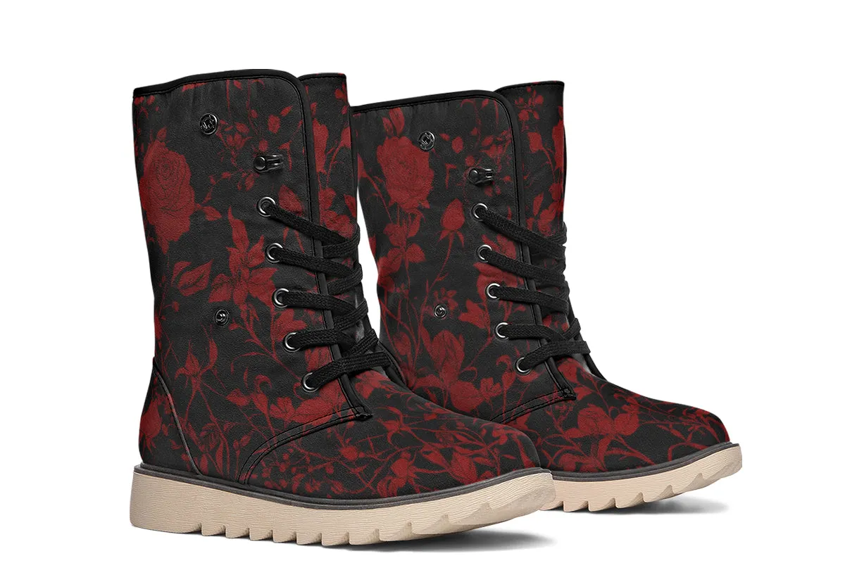 Blood Rose Romance Fold Over Winter Boots - Microsuede Vegan Boots with Fur Lining and Convertible Style