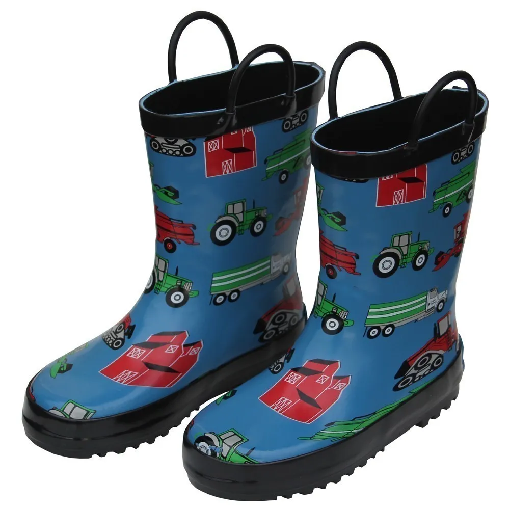 Boys Blue Farm Equipment Print Rubber Rain Boots 11-3 Kids