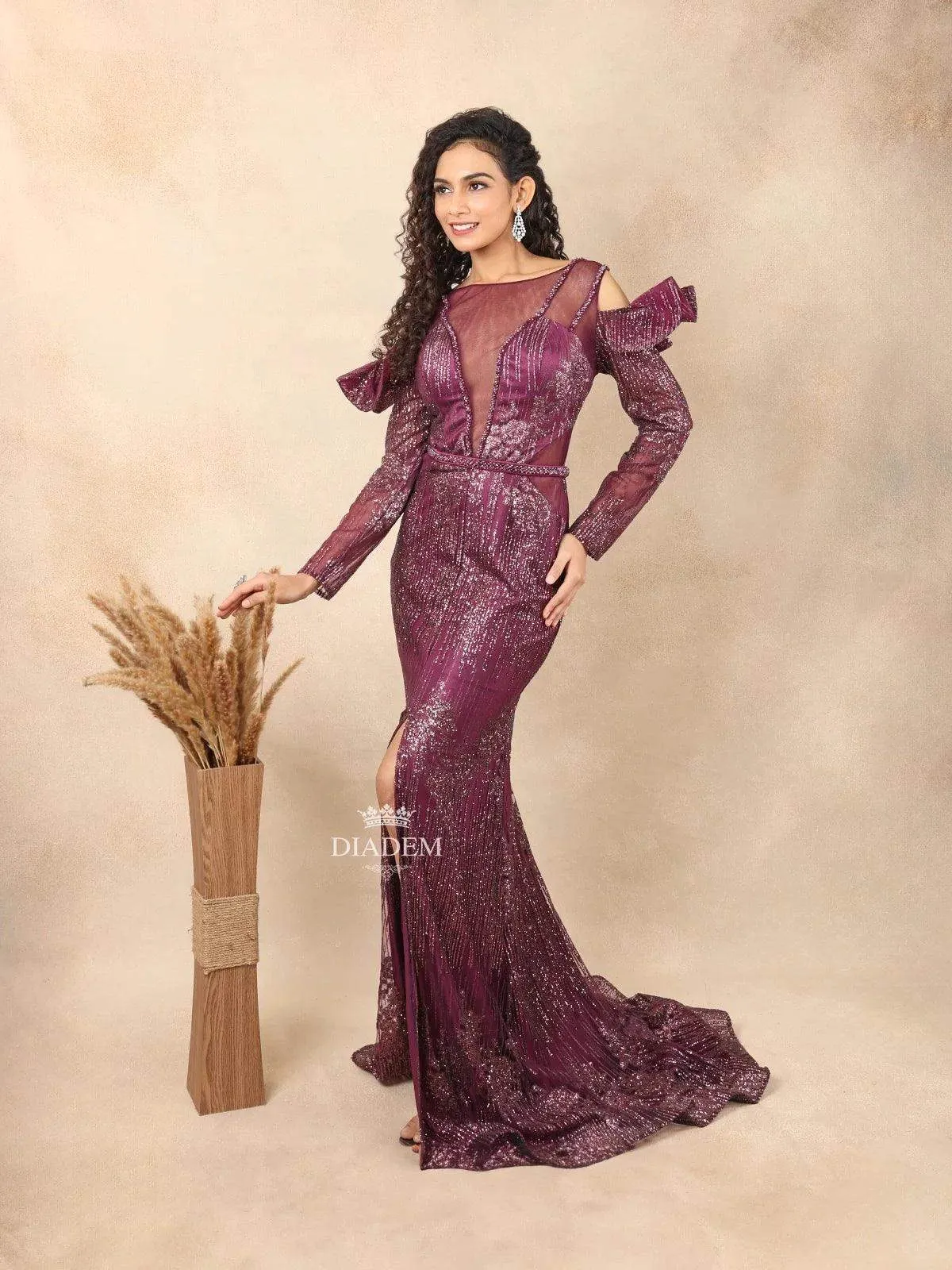 Burgundy Net Slit Gown Adorned with Glitter work