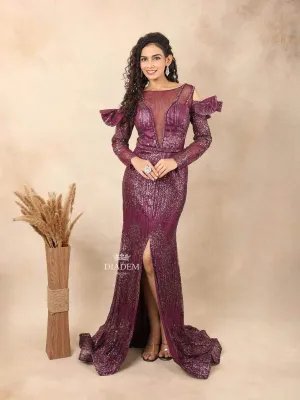 Burgundy Net Slit Gown Adorned with Glitter work