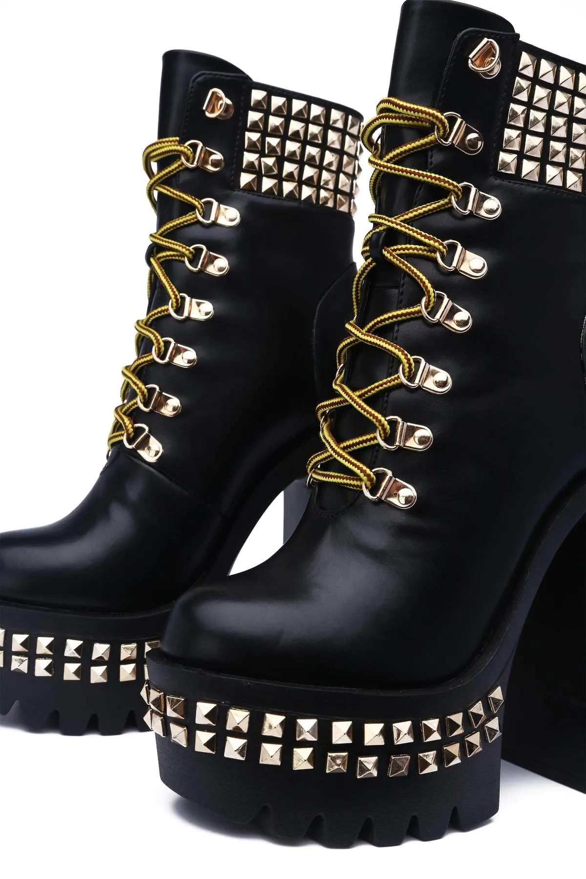 Cape Robbin FirstClass Platform Heel Bootie Gold Metal Studded Lcae Up Hiker