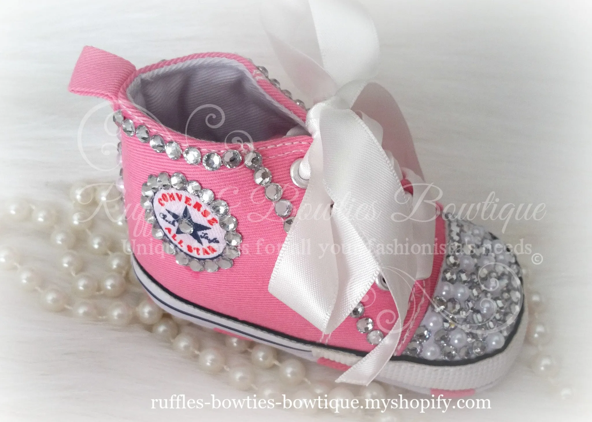 Crystal & Pearl Baby Converse High Tops - Crystal Shoes - Pre Walker Shoes - Baby Girl Shoes - Wedding - Christening - Baptism - Baby - Hot Pink