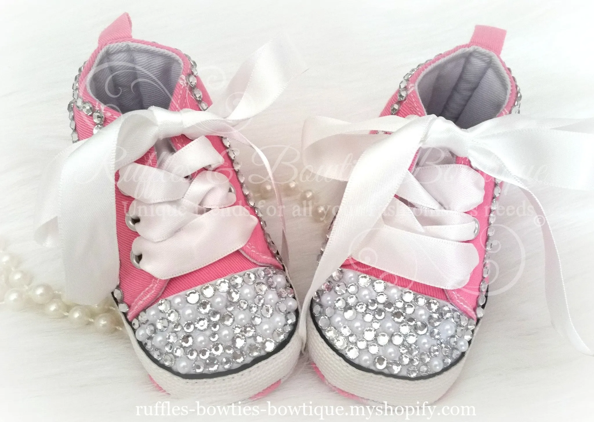 Crystal & Pearl Baby Converse High Tops - Crystal Shoes - Pre Walker Shoes - Baby Girl Shoes - Wedding - Christening - Baptism - Baby - Hot Pink