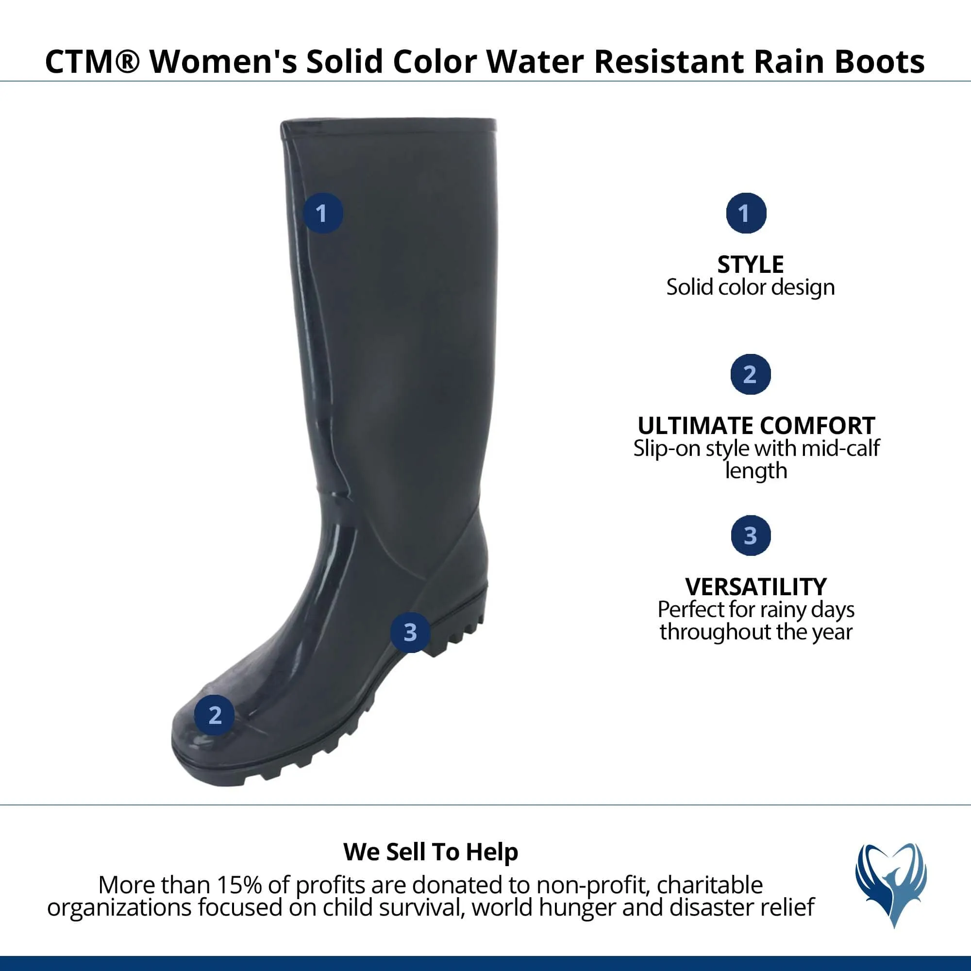 CTM® Women's Solid Color Water Resistant Rain Boots