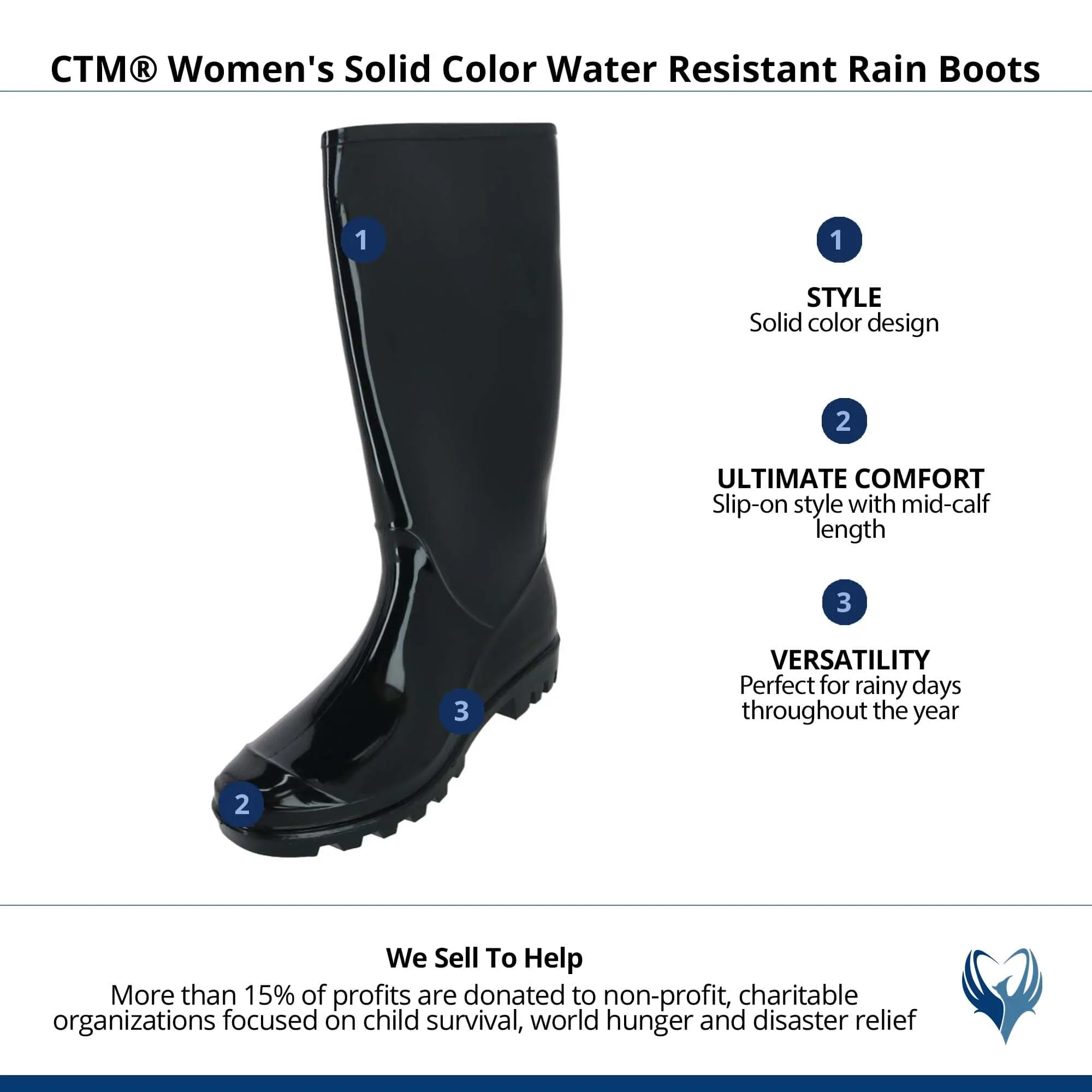 CTM® Women's Solid Color Water Resistant Rain Boots