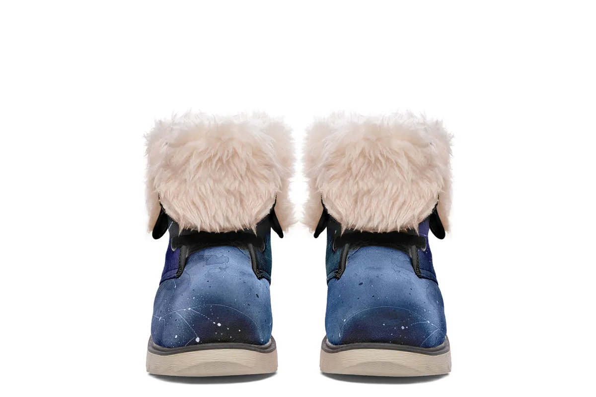 Deep Blue Fold Over Winter Boots - Microsuede Vegan Boots with Fur Lining and Convertible Style