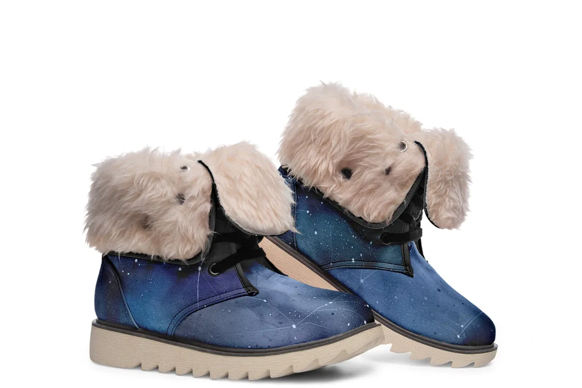 Deep Blue Fold Over Winter Boots - Microsuede Vegan Boots with Fur Lining and Convertible Style