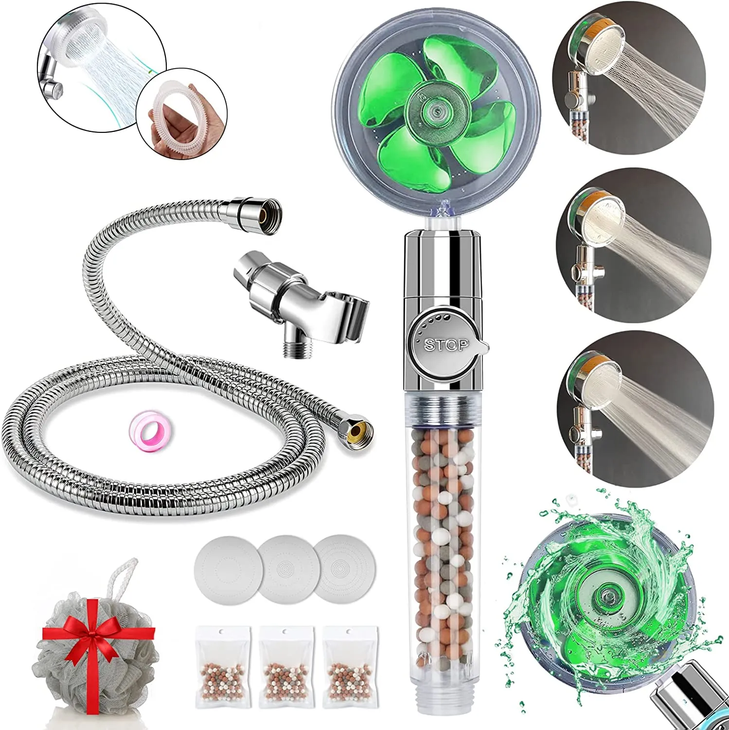 Filtered Shower Head, High Pressure Water Saving Showerhead with Filter Beads, Handheld Turbo Fan Shower Kit with Stainless Steel Hose, Wall & Overhead Brackets ect.-Silver