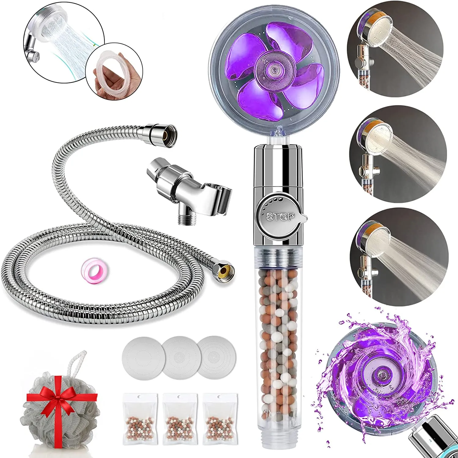 Filtered Shower Head, High Pressure Water Saving Showerhead with Filter Beads, Handheld Turbo Fan Shower Kit with Stainless Steel Hose, Wall & Overhead Brackets ect.-Silver