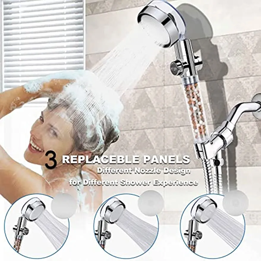 Filtered Shower Head, High Pressure Water Saving Showerhead with Filter Beads, Handheld Turbo Fan Shower Kit with Stainless Steel Hose, Wall & Overhead Brackets ect.-Silver