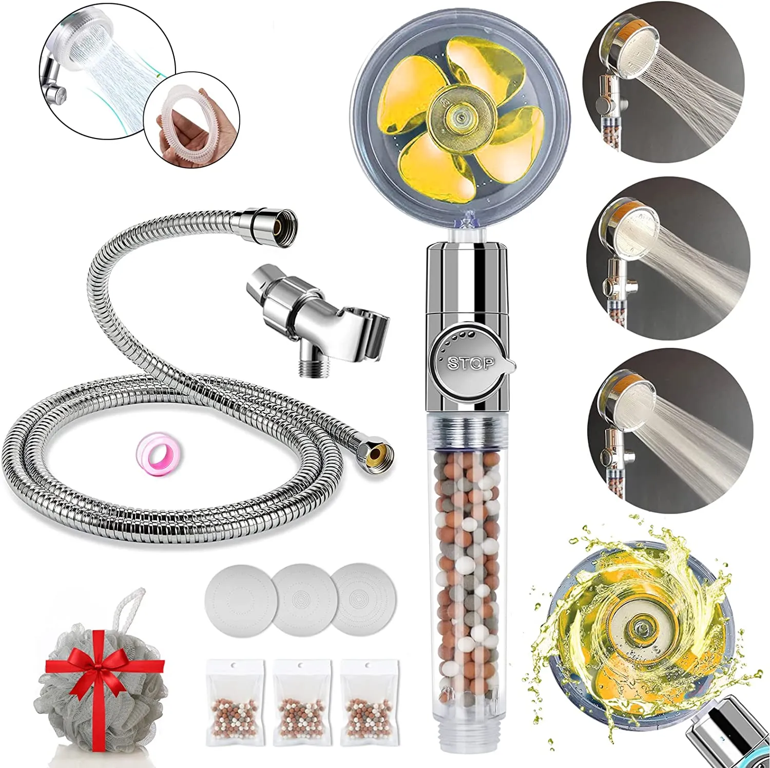 Filtered Shower Head, High Pressure Water Saving Showerhead with Filter Beads, Handheld Turbo Fan Shower Kit with Stainless Steel Hose, Wall & Overhead Brackets ect.-Silver