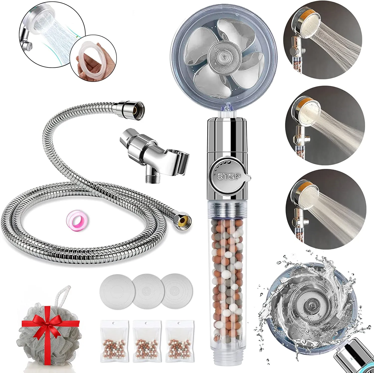 Filtered Shower Head, High Pressure Water Saving Showerhead with Filter Beads, Handheld Turbo Fan Shower Kit with Stainless Steel Hose, Wall & Overhead Brackets ect.-Silver