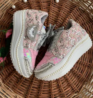 FUNKY N TRENDY floral theme hand work sneakers for brides / bridesmaids/ pink sneakers / mirror sneakers / pink shoes / pink and silver sneakers