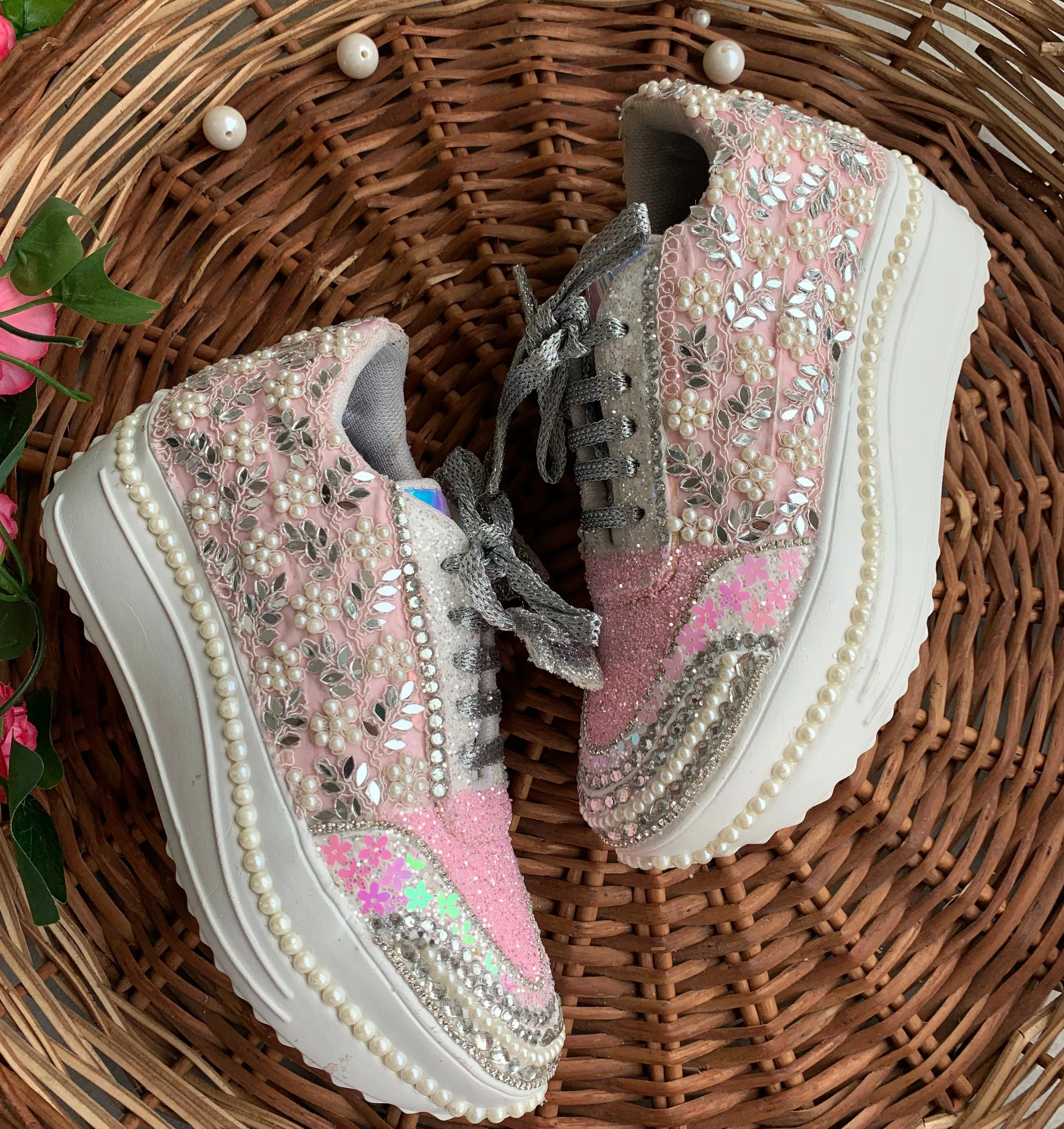 FUNKY N TRENDY floral theme hand work sneakers for brides / bridesmaids/ pink sneakers / mirror sneakers / pink shoes / pink and silver sneakers