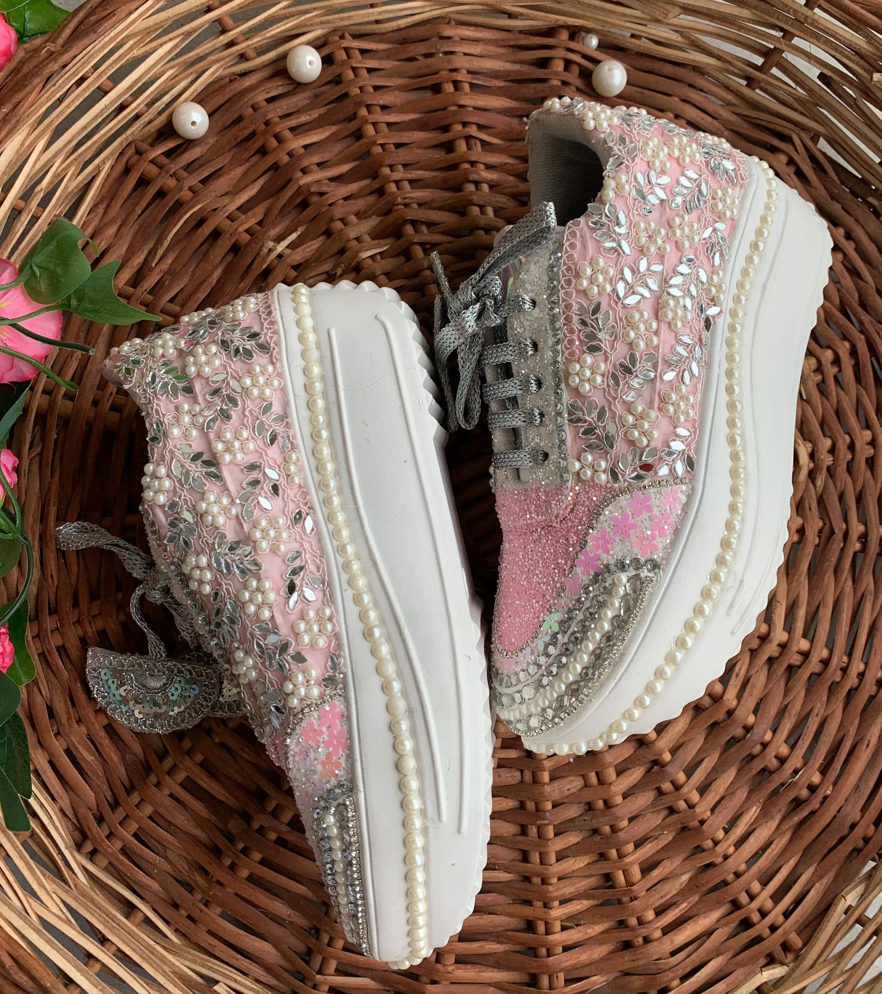 FUNKY N TRENDY floral theme hand work sneakers for brides / bridesmaids/ pink sneakers / mirror sneakers / pink shoes / pink and silver sneakers