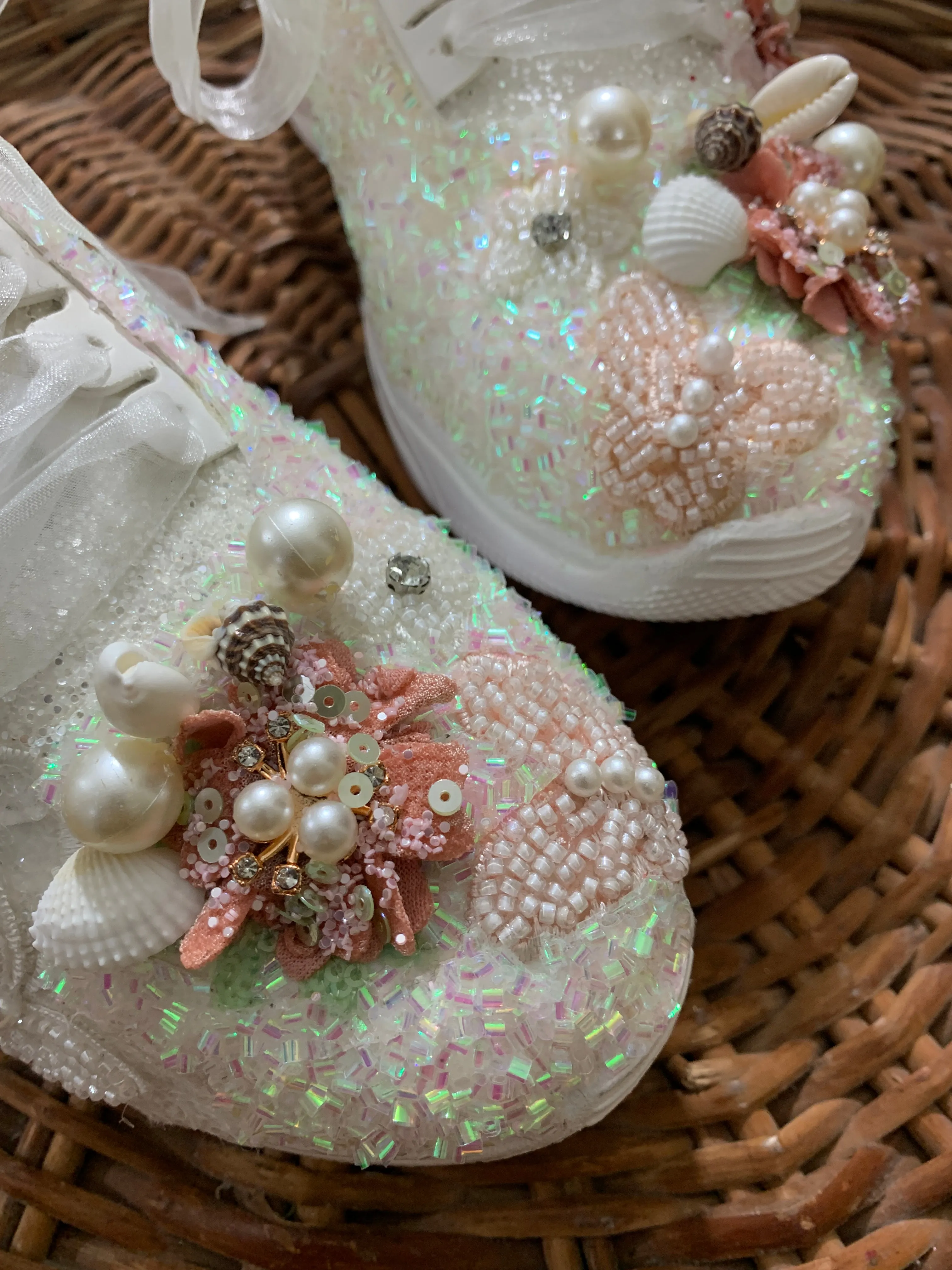 FUNKY N TRENDY peach/white floral butterfly theme sneakers with shells pearls detailing for brides / bridesmaids with custom couple name initials/ rose gold sneakers