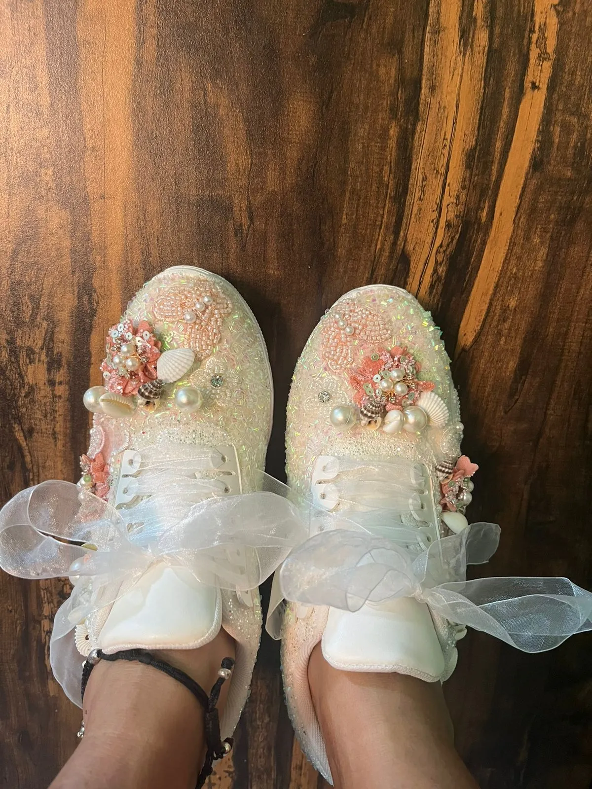 FUNKY N TRENDY peach/white floral butterfly theme sneakers with shells pearls detailing for brides / bridesmaids with custom couple name initials/ rose gold sneakers