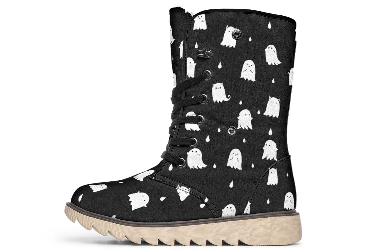 Ghost Party Fold Over Winter Boots - Microsuede Vegan Boots with Fur Lining and Convertible Style