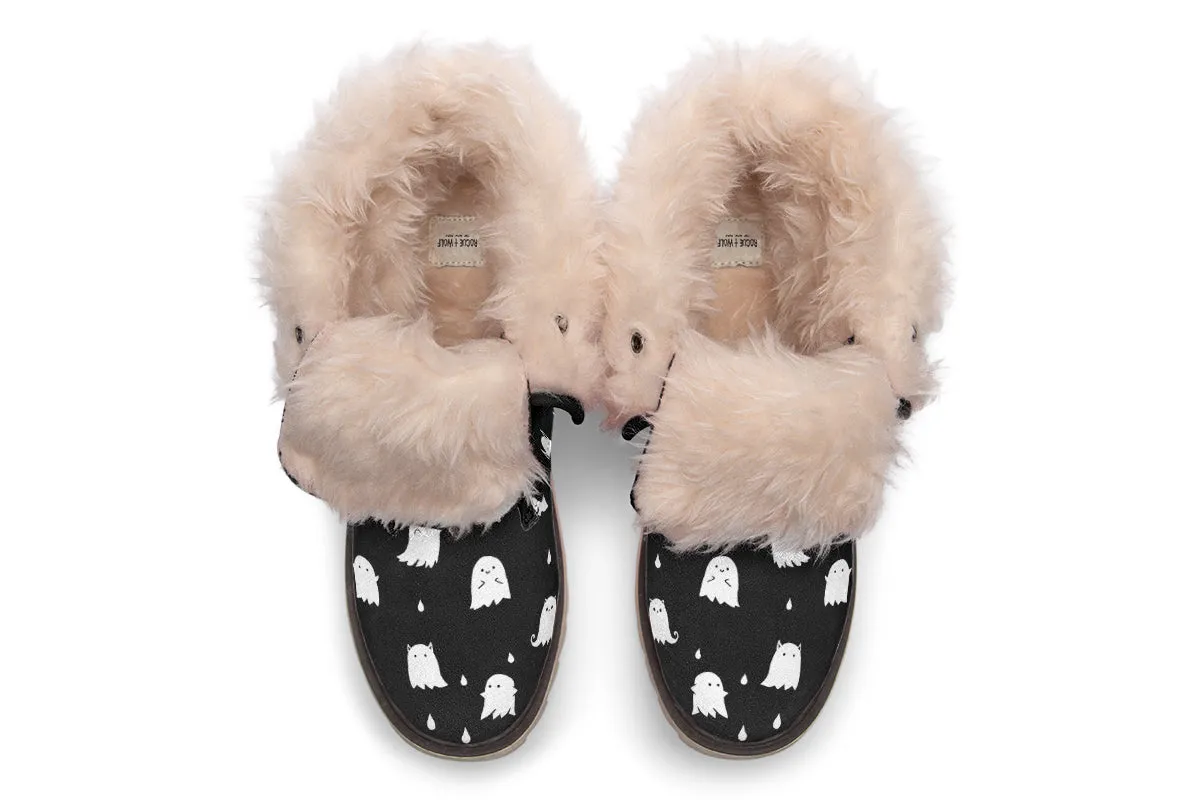 Ghost Party Fold Over Winter Boots - Microsuede Vegan Boots with Fur Lining and Convertible Style