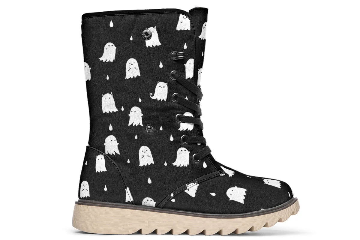 Ghost Party Fold Over Winter Boots - Microsuede Vegan Boots with Fur Lining and Convertible Style