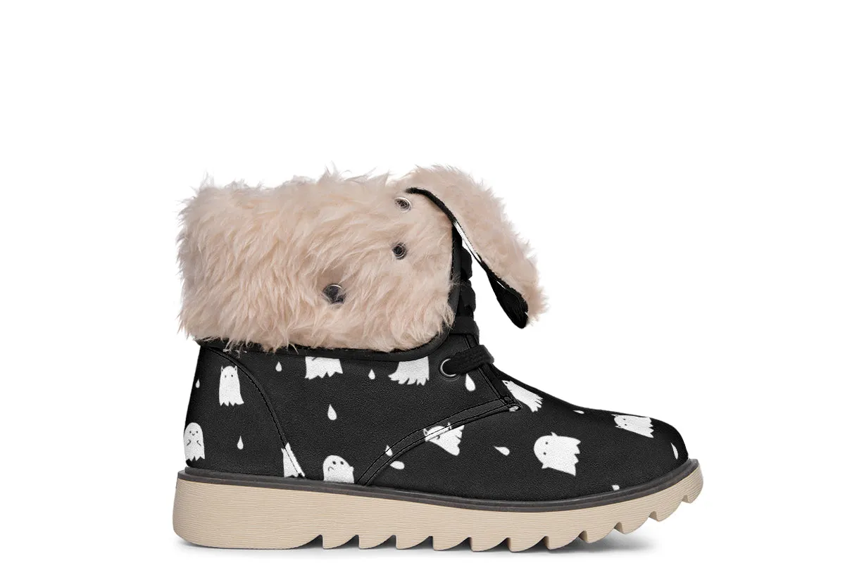 Ghost Party Fold Over Winter Boots - Microsuede Vegan Boots with Fur Lining and Convertible Style