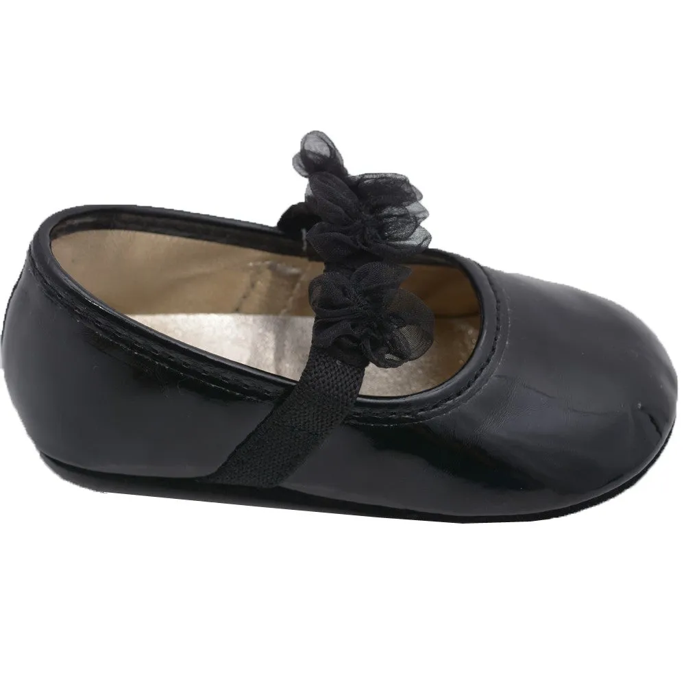 Girls Patent Black Organza Flower Elastic Strap Crib Shoes 0-5 Baby