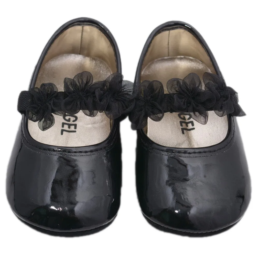 Girls Patent Black Organza Flower Elastic Strap Crib Shoes 0-5 Baby