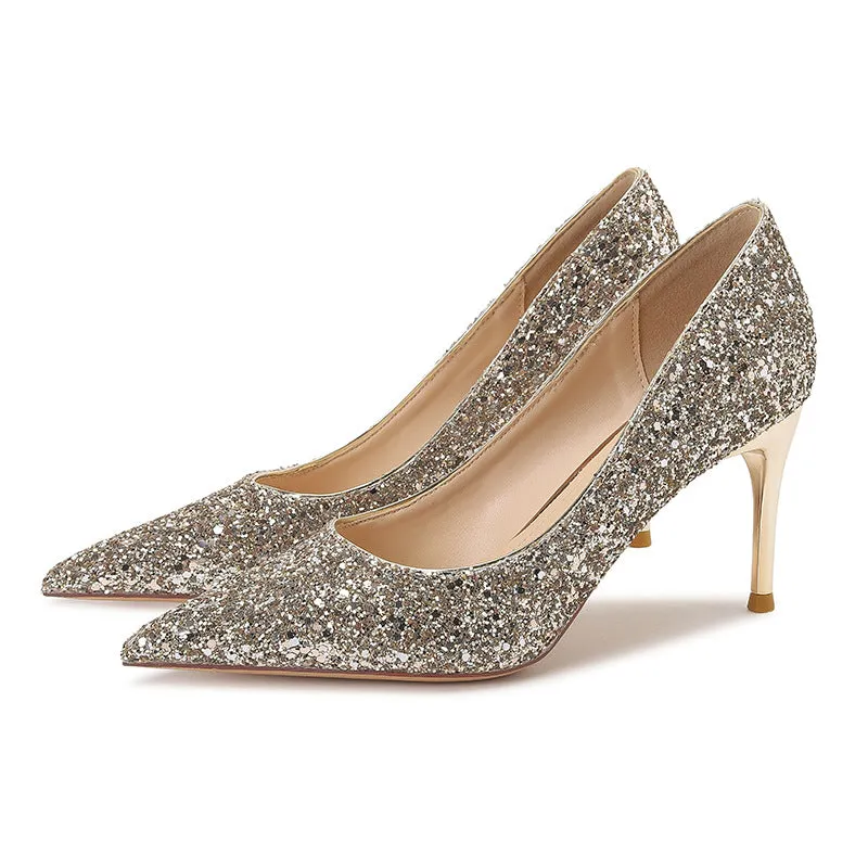 Glitter Stiletto Heel High Heel Point Toe Closed Toe Bridesmaid Shoes