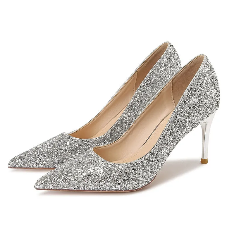 Glitter Stiletto Heel High Heel Point Toe Closed Toe Bridesmaid Shoes