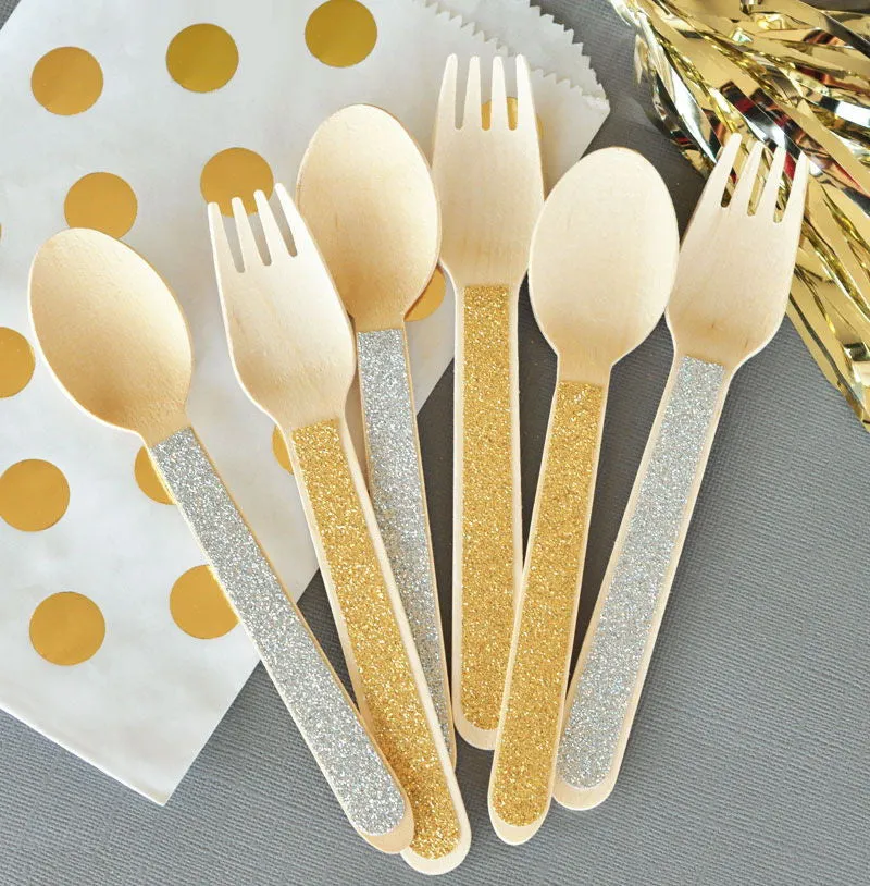 Glitter Wooden Spoons & Forks Wedding Party Favors