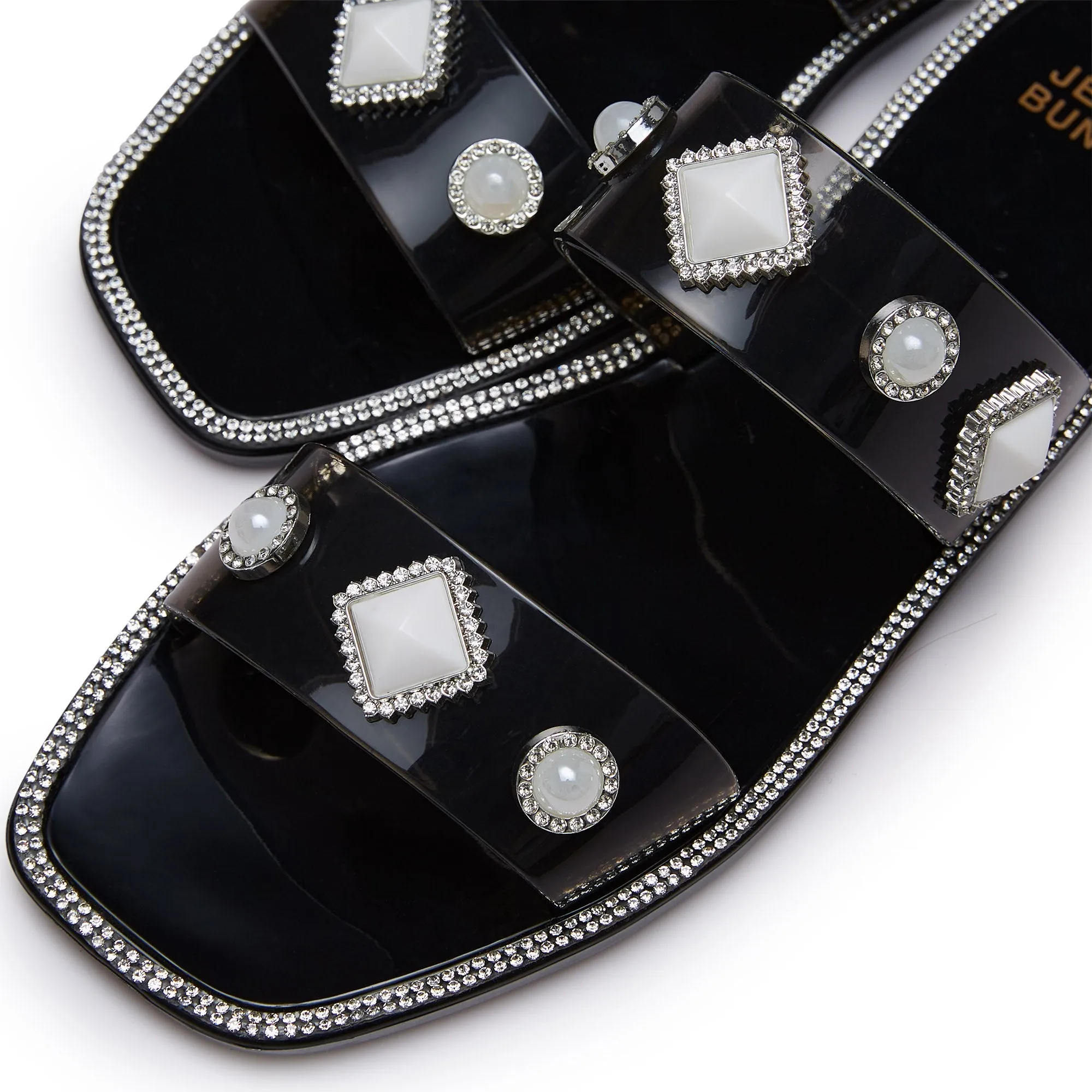 Helen Crystal Flat Sandals Black