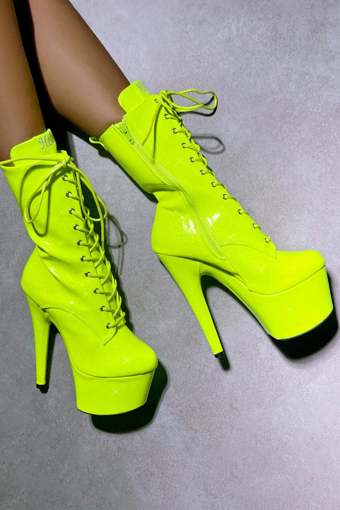 Hella Heels The Glitterati 7inch Boots - Citrus Yellow Burst