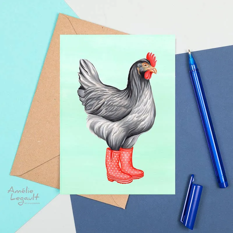 Hen card, chicken card, greeting card, rain boots Card