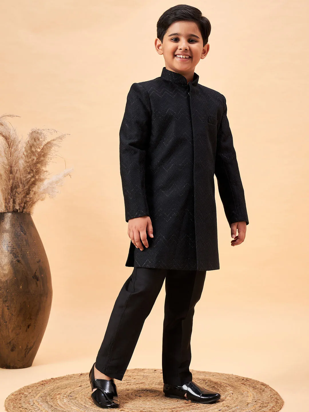 Jashvi Boy's Black Glitter Indo Western Sherwani Set