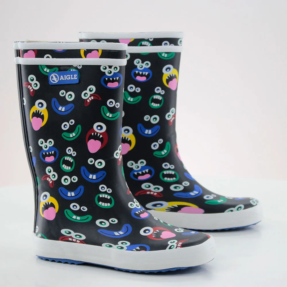 Kids Girl Graphic Faces Printed Rain Boots,Black