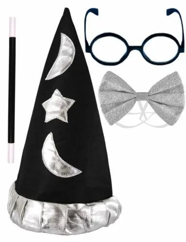 Kids Wizard Hat Glasses Glitter Bowtie Magic Wand World Book Day Fancy Dress